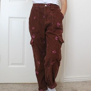 Brown Corduroy Cargo Pants with Pink Heart Accents